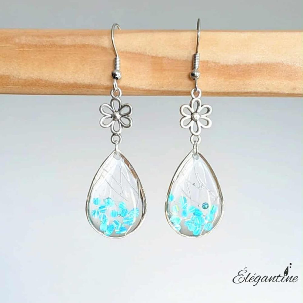 boucles d'oreilles en résine naturelle paillettes bleu et vert elegantine